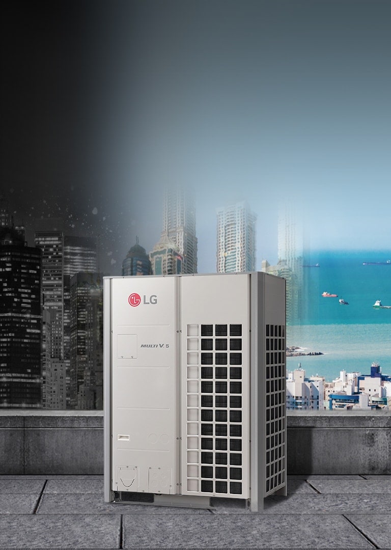 LG HVAC MULTI V 5 unit on a rooftop in front of a modern city skyline with skyscrapers and a waterfront.